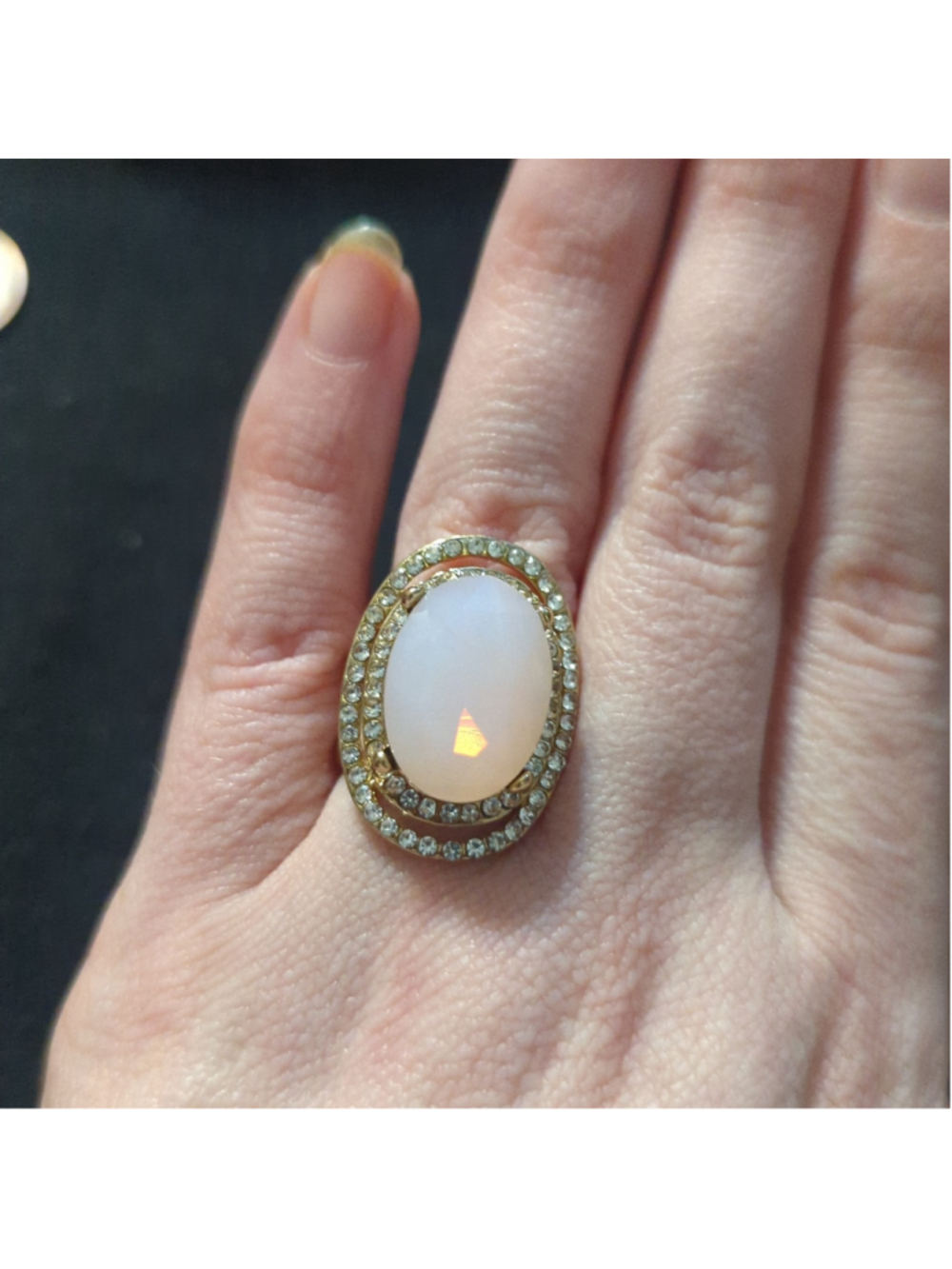 Gold Tone Pink and Clear Rhinestone Chunky Statement Ring - size 7